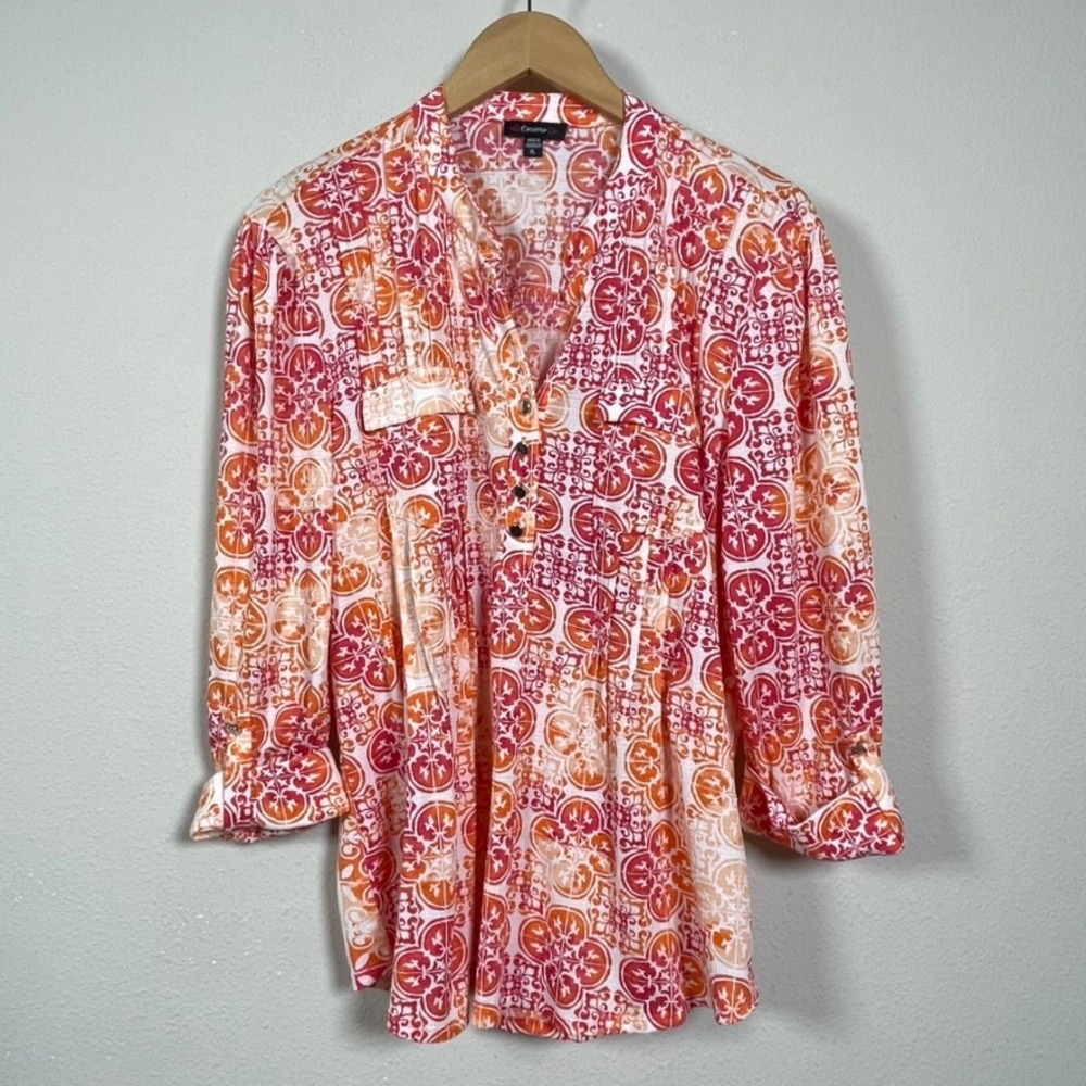 Cocomo Tunic Top Women XL Orange Pink Geometric Tile 3/4 Roll Tab Sleeve Boho